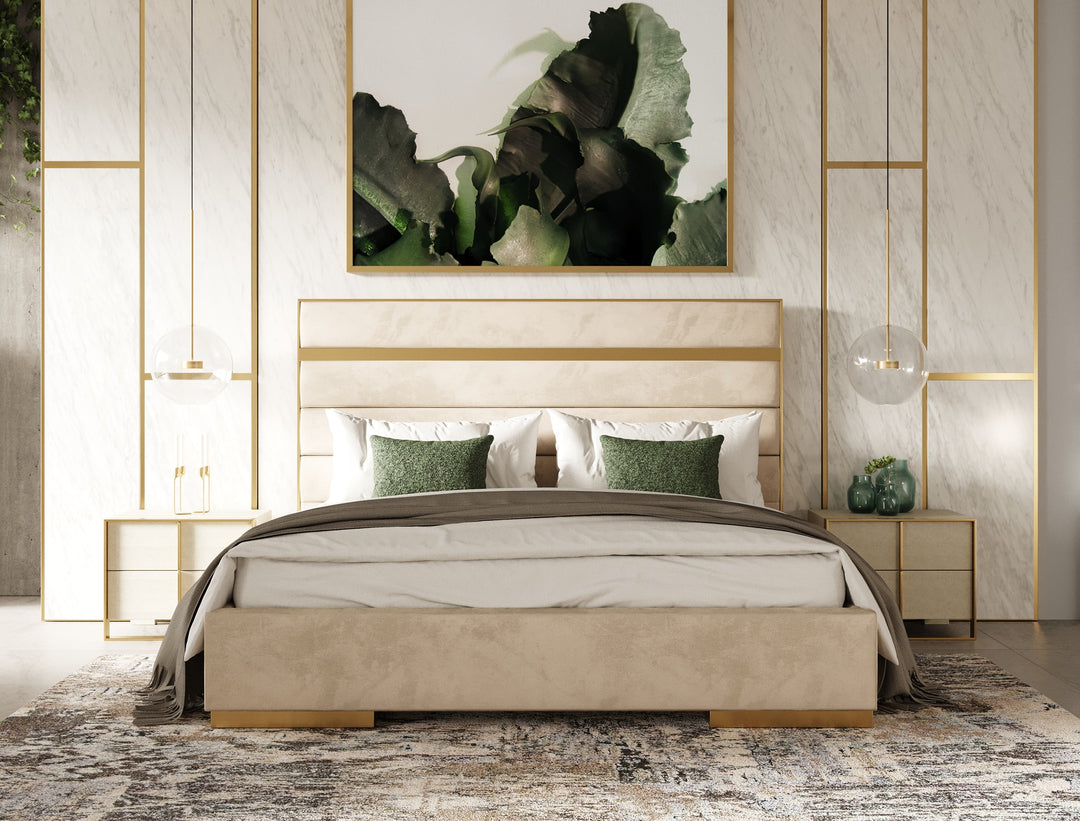 Cartier - Modern Beige Velvet + Brushed Brass 4-Piece Bedroom Set
