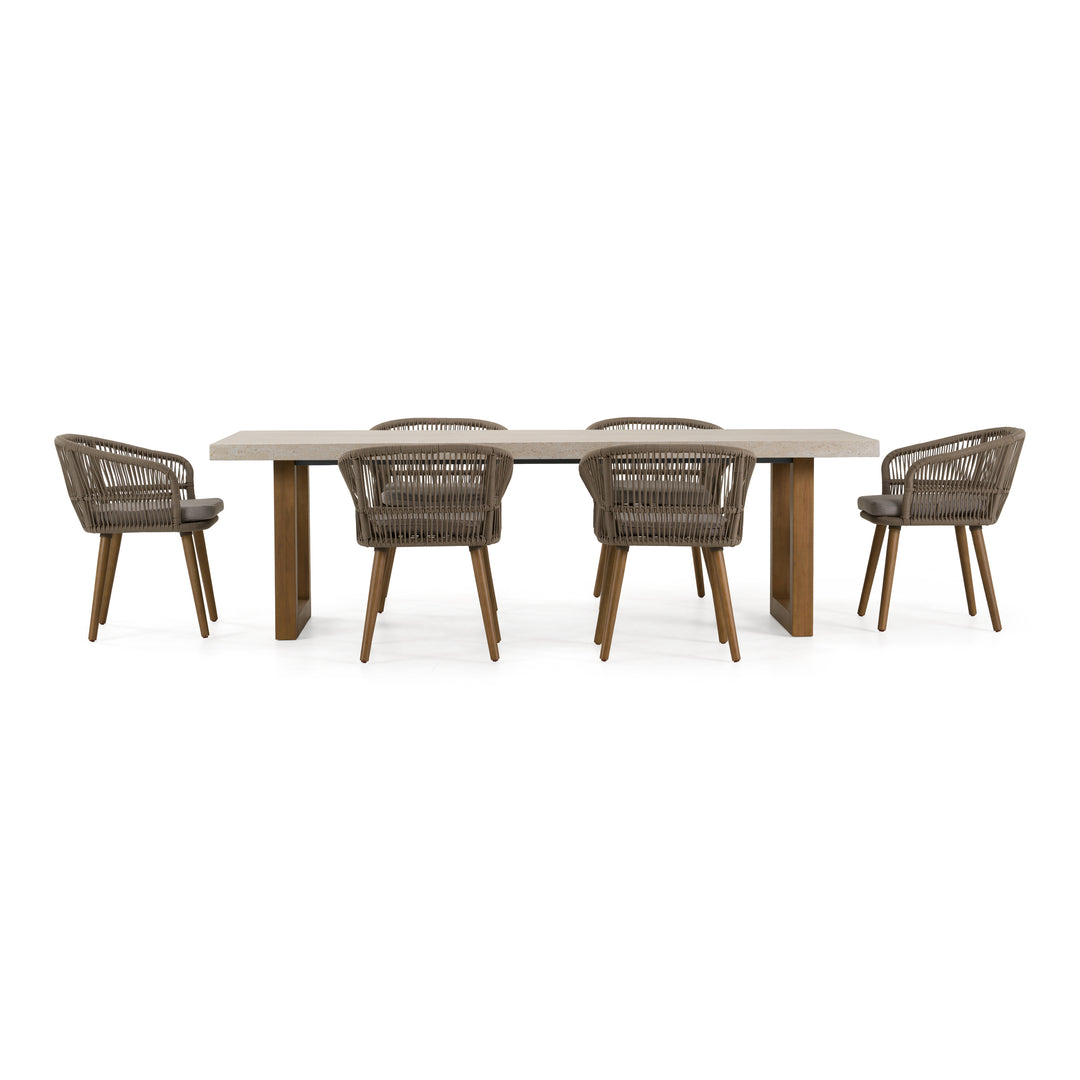Cascais - Outdoor Grey + Faux Travertine + Eucalyptus Dining Table Set