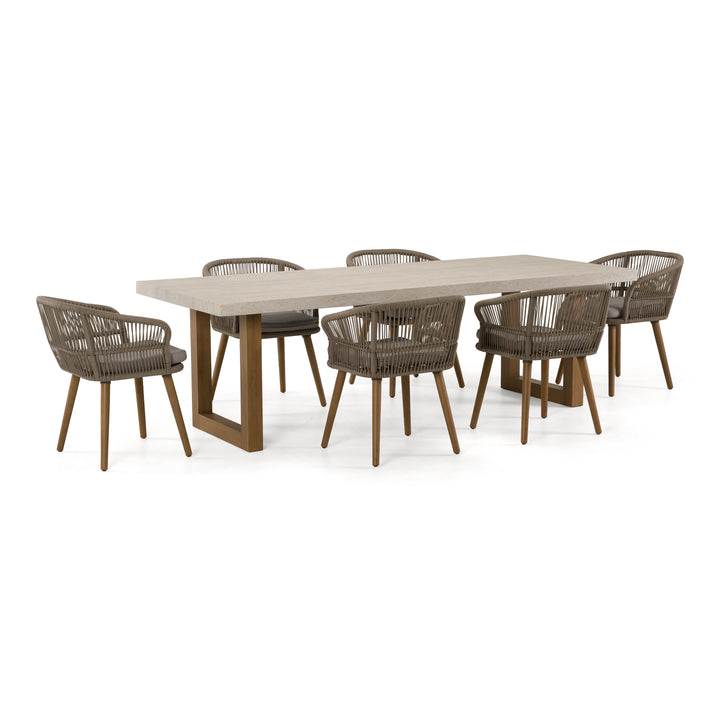 Cascais - Outdoor Grey + Faux Travertine + Eucalyptus Dining Table Set
