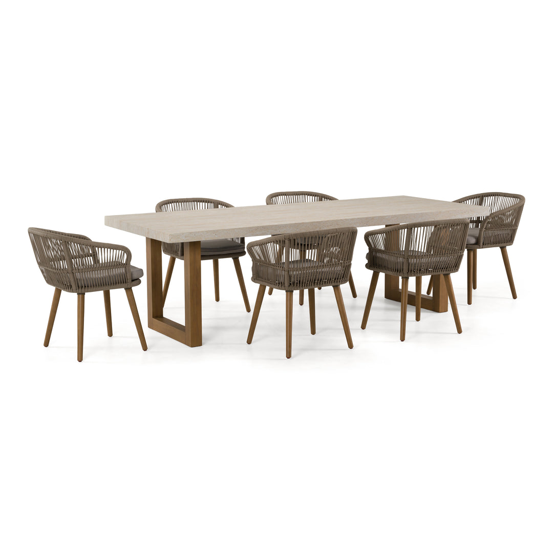 Cascais - Outdoor Grey + Faux Travertine + Eucalyptus Dining Table Set