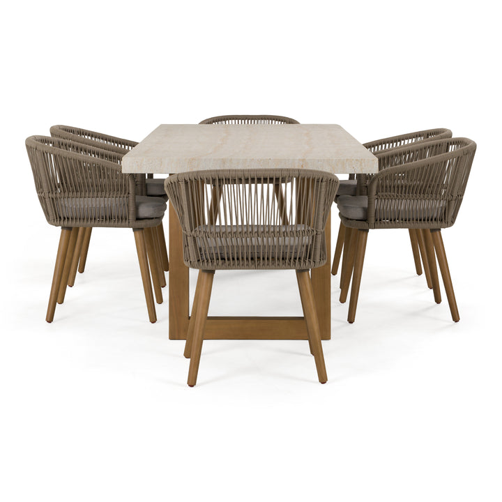 Cascais - Outdoor Grey + Faux Travertine + Eucalyptus Dining Table Set