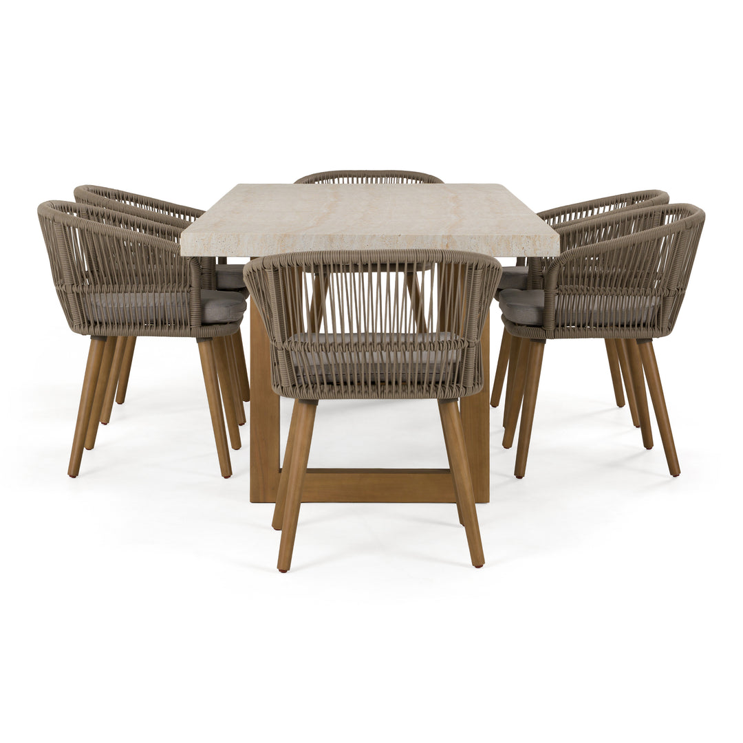 Cascais - Outdoor Grey + Faux Travertine + Eucalyptus Dining Table Set