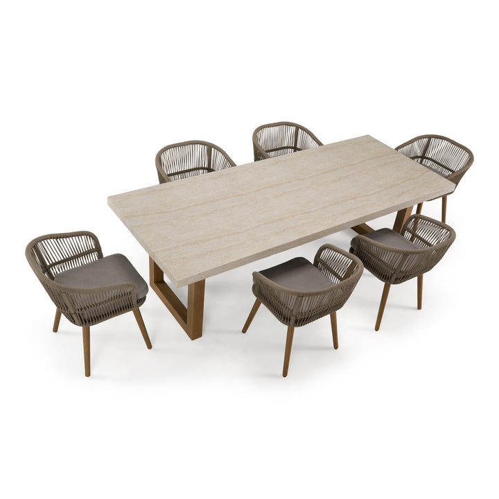Cascais - Outdoor Grey + Faux Travertine + Eucalyptus Dining Table Set
