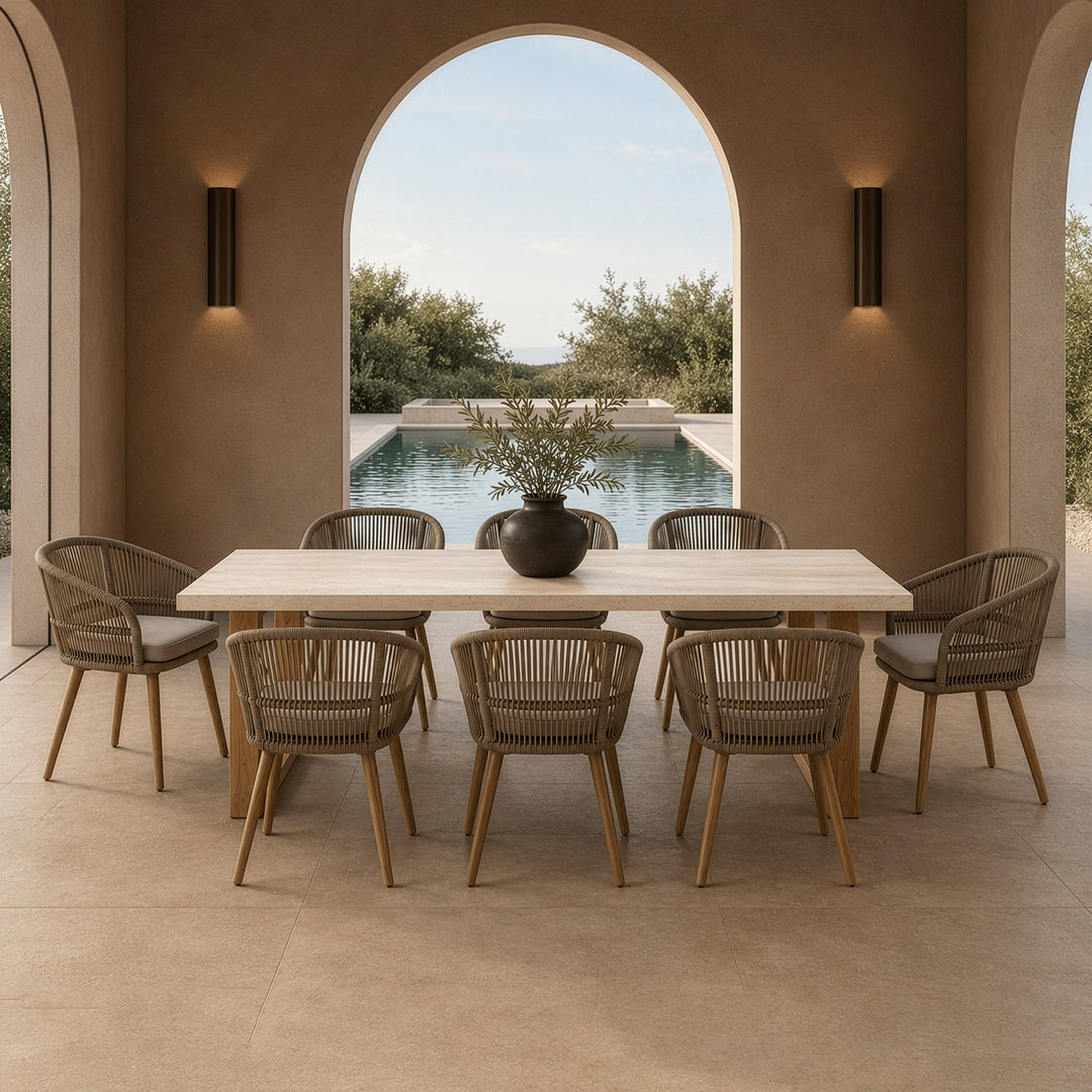 Cascais - Outdoor Grey + Faux Travertine + Eucalyptus Dining Table