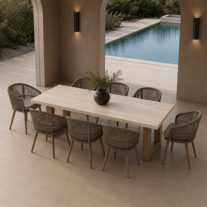 Cascais - Outdoor Grey + Faux Travertine + Eucalyptus Dining Table