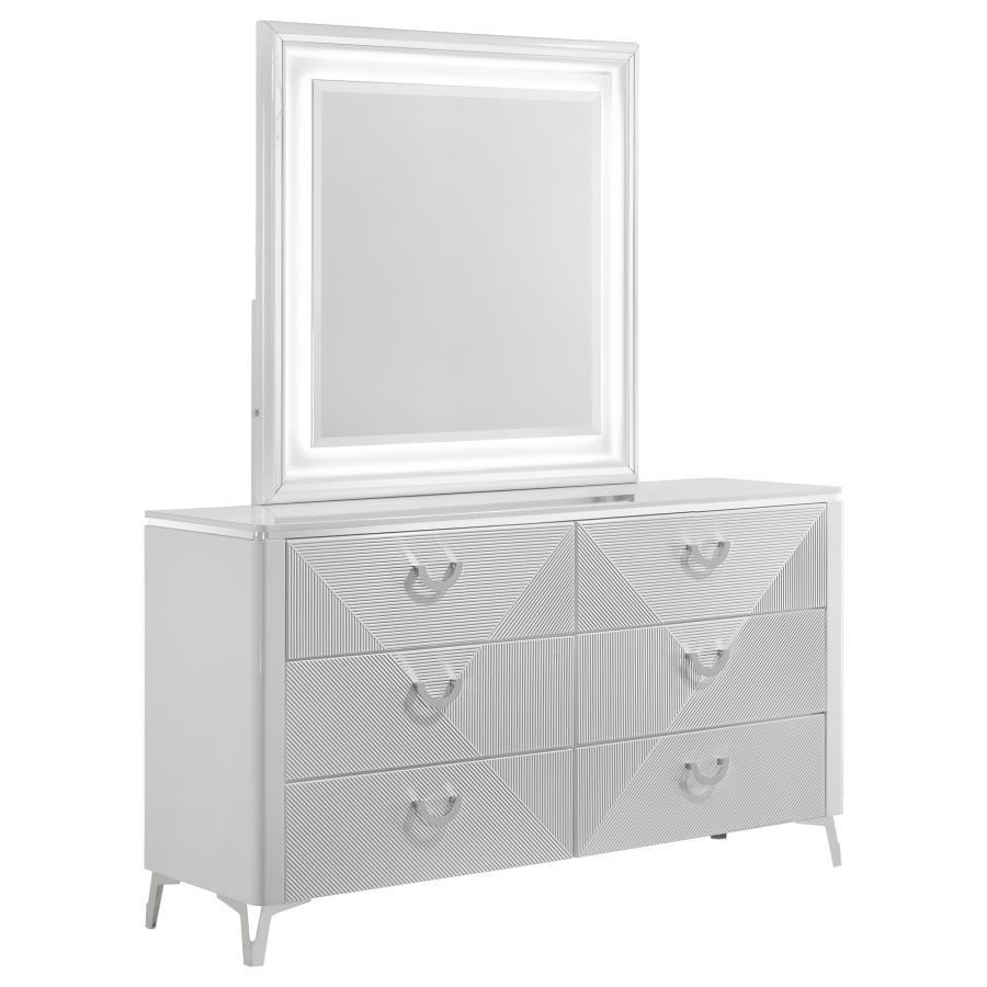 Cassia - 6 - Drawer Dresser Cabinet With Mirror - White High Gloss Dresser & Mirror modern furniture Contempo Furniture