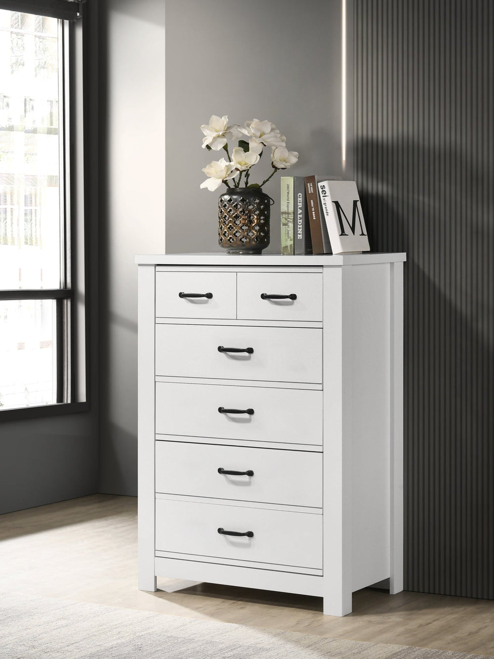 Cassini White 5-Drawer Chest with Black Handles