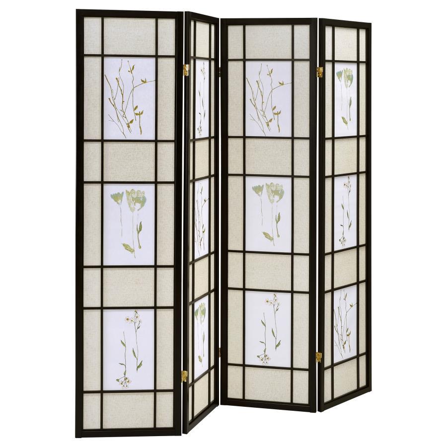 Catabella - 4 - Panel Room Divider Folding Shoji Screen Floral - Black Room Divider modern furniture Contempo Furniture