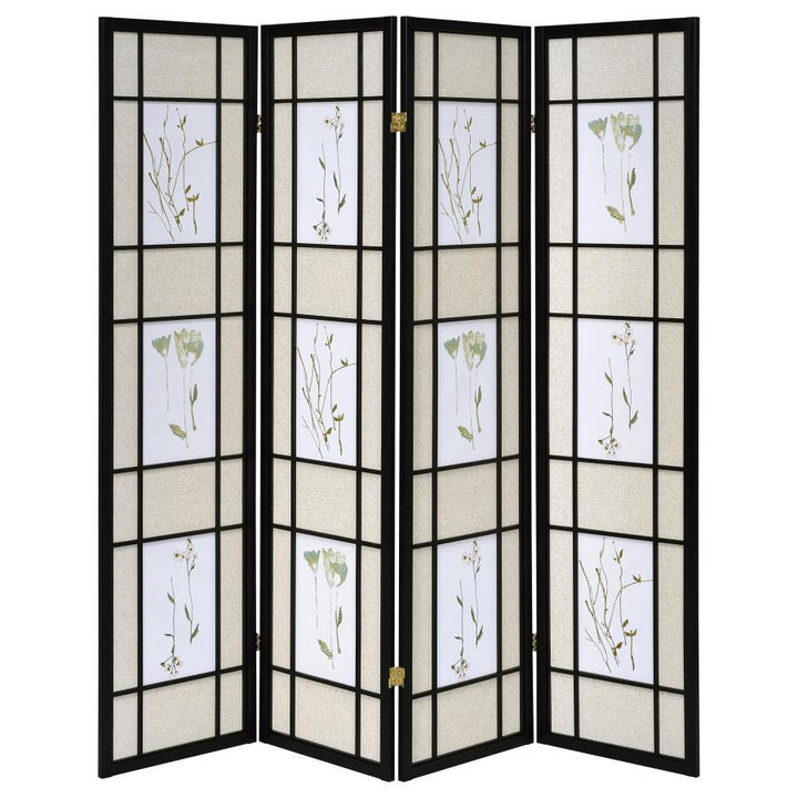 Catabella - 4 - Panel Room Divider Folding Shoji Screen Floral - Black Room Divider modern furniture Contempo Furniture