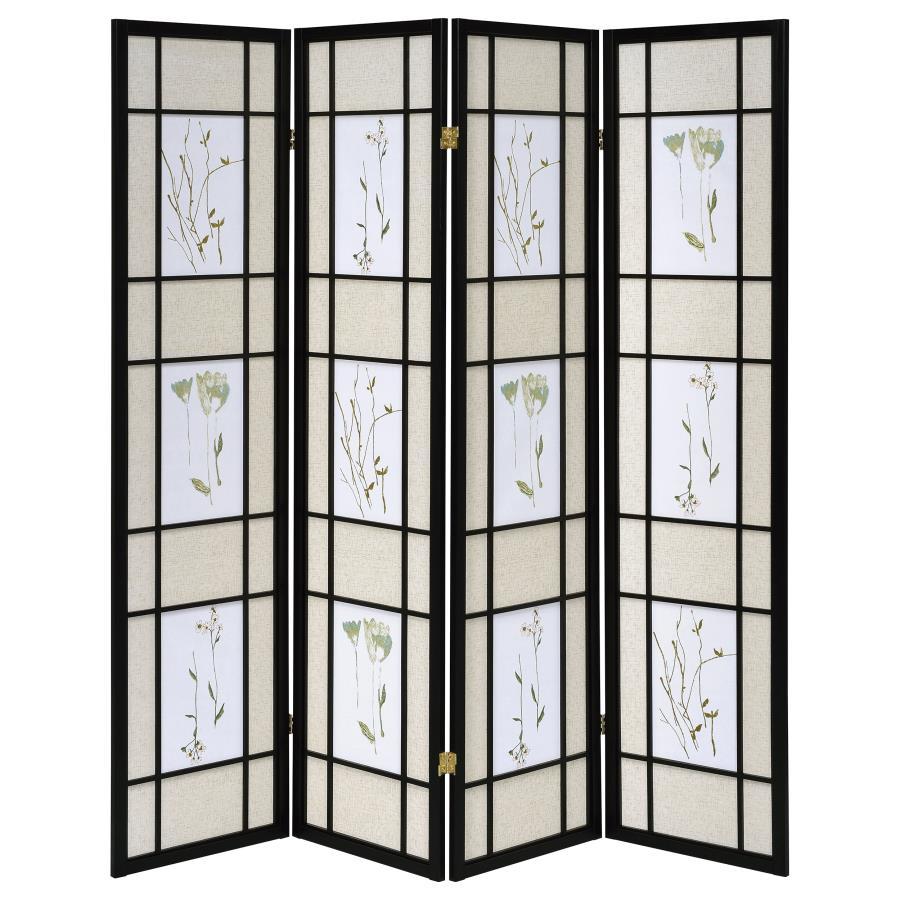 Catabella - 4 - Panel Room Divider Folding Shoji Screen Floral - Black Room Divider modern furniture Contempo Furniture