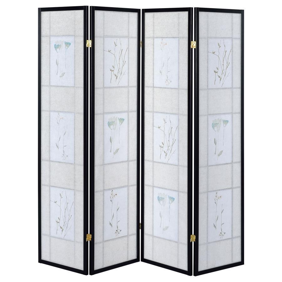 Catabella - 4 - Panel Room Divider Folding Shoji Screen Floral - Black Room Divider modern furniture Contempo Furniture