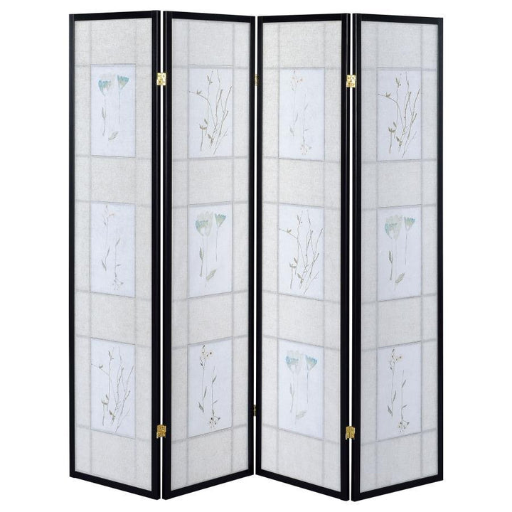 Catabella - 4 - Panel Room Divider Folding Shoji Screen Floral - Black Room Divider modern furniture Contempo Furniture