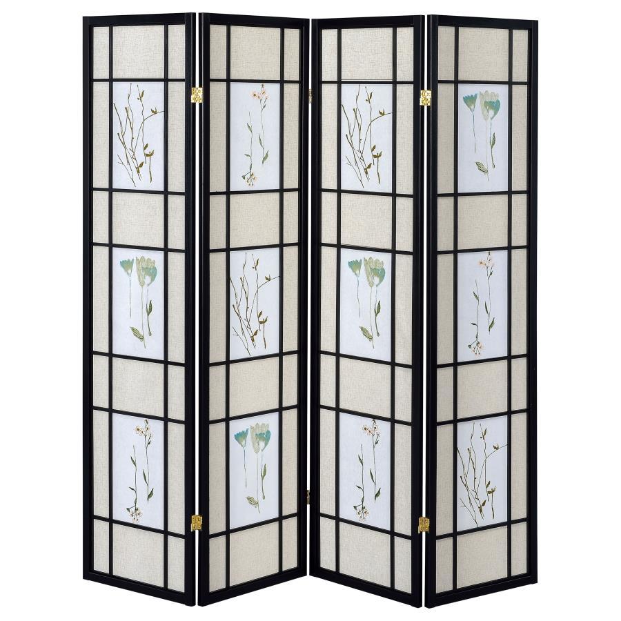 Catabella - 4 - Panel Room Divider Folding Shoji Screen Floral - Black Room Divider modern furniture Contempo Furniture