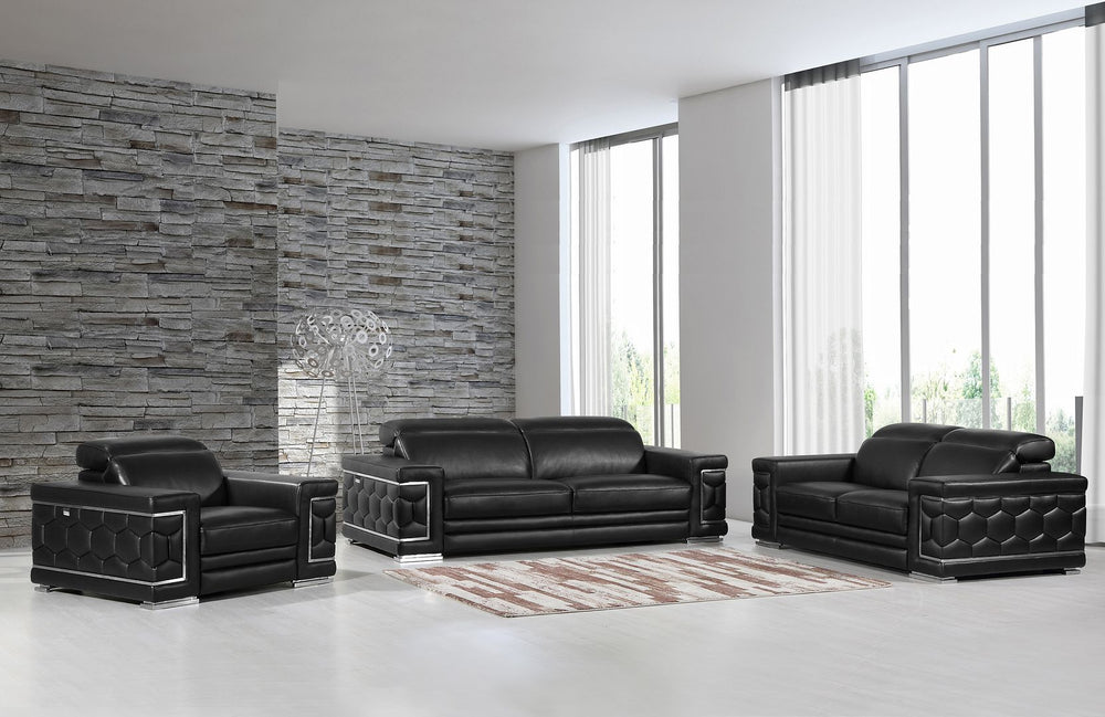 DivanItalia 692 3-Piece Sofa Set with Adjustable Headrest in Top-Grain Italian Leather - Black