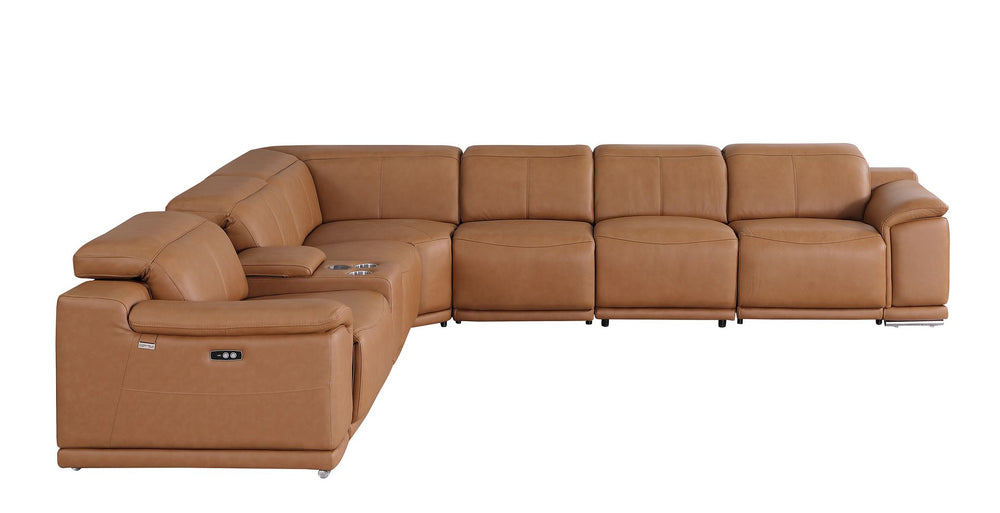 DivanItalia 9762 7-Piece L Shaped Top Grain Italian Leather Sectional Sofa with 3 Power Recliners - Cognac