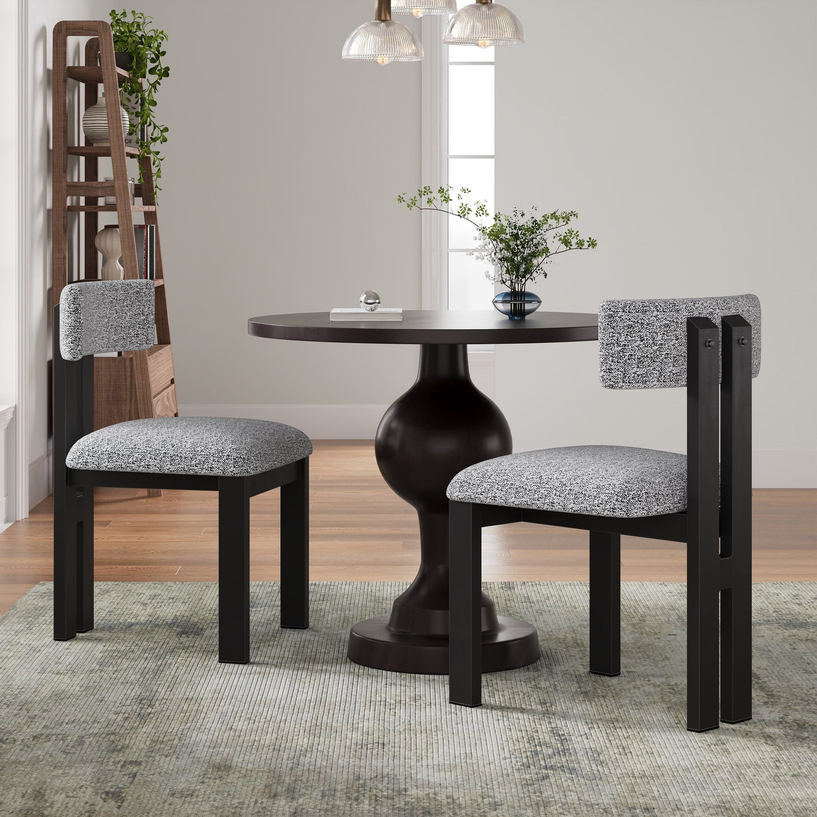 3-Piece Round Dining Table Set with Upholstered Chairs & Metal Legs in Black, White & Brown