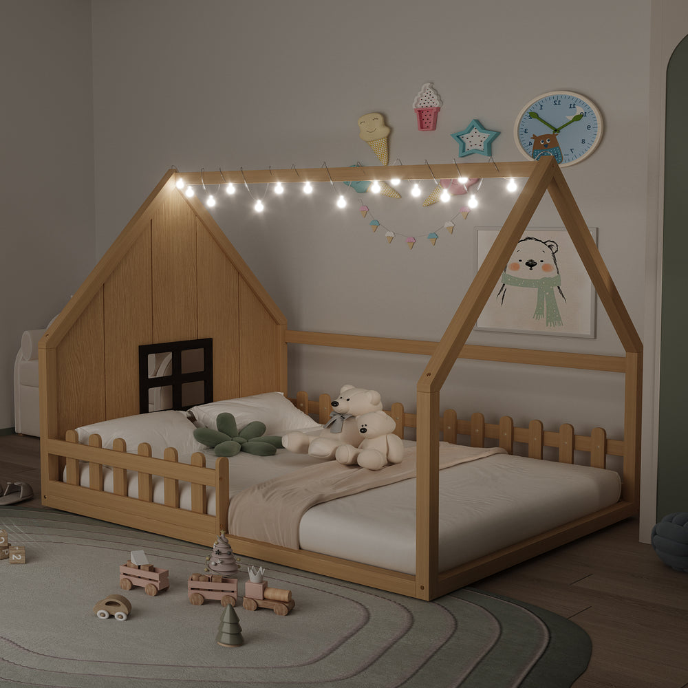 Wood House Bed with Window and Fence - Natural