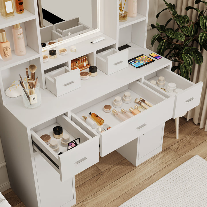 White Vanity Table with LED Mirror, Hair Dryer Rack &amp; Cushioned Stool