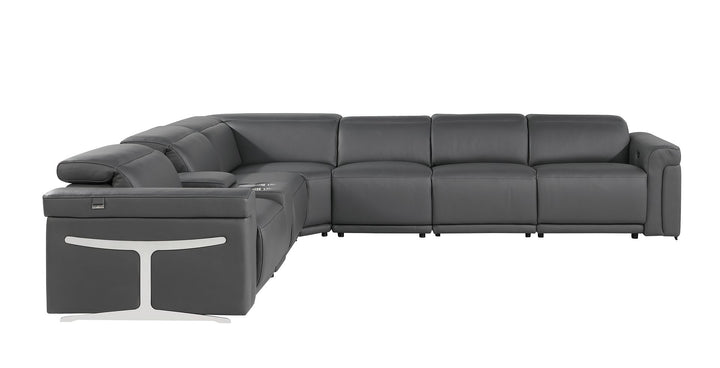 DivanItalia 1126 7-Piece L-Shaped Sectional Sofa in Top Grain Italian Leather with 4 Power Recliners &amp; Power Headrests - Dark Gray