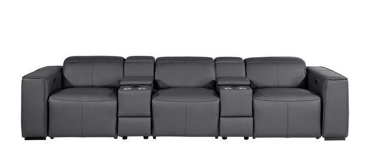DivanItalia 1224 5-Piece Modular Power Reclining Sofa in Top Grain Italian Leather with 3 Power Recliners &amp; Power Headrests - Dark Gray