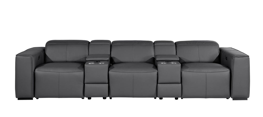 DivanItalia 1224 5-Piece Modular Power Reclining Sofa in Top Grain Italian Leather with 3 Power Recliners & Power Headrests - Dark Gray