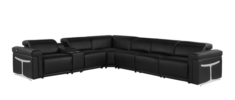 DivanItalia 1126 7-Piece L-Shaped Sectional Sofa in Top Grain Italian Leather with 3 Power Recliners & Power Headrests - Black