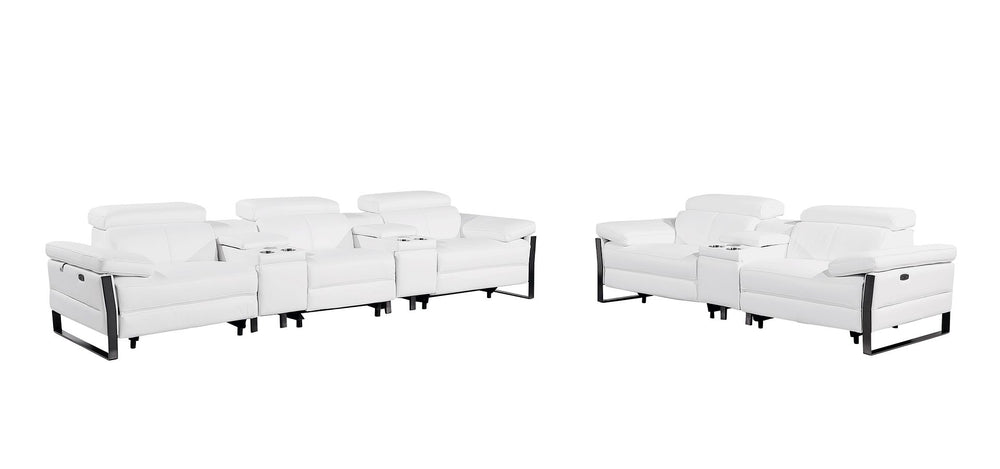 DivanItalia 1246 Modular Power Reclining Dual Console Sofa and Console Loveseat Set with Power Headrests – Top Grain Italian Leather - White