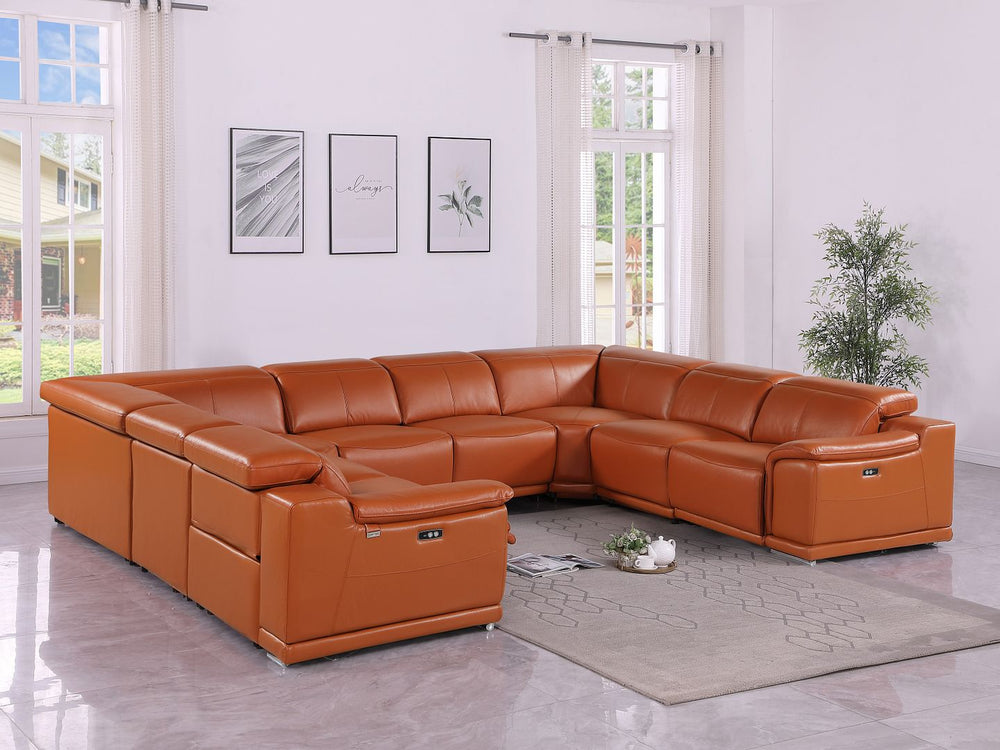 DivanItalia 9762 8-Piece U Shaped Top Grain Italian Leather Sectional Sofa with 4 Power Recliners – No Console - Camel