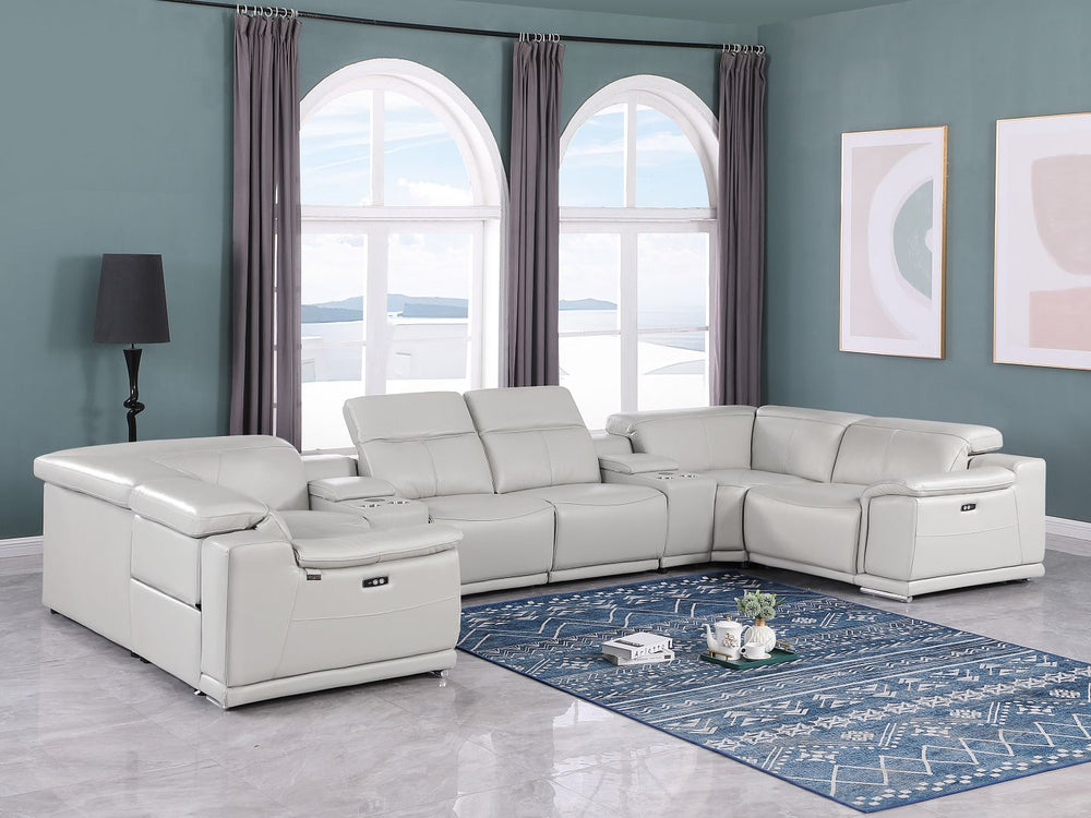 DivanItalia 9762 8-Piece U Shaped Top Grain Italian Leather Sectional Sofa with 4 Power Recliners – with Console - Light Gray