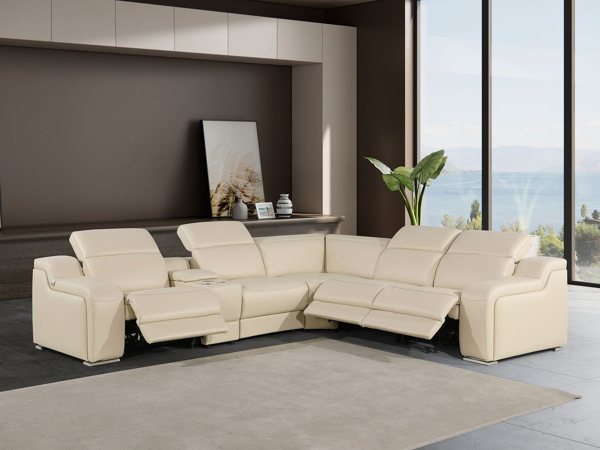 DivanItalia 1116 6-Piece L-Shaped Sectional Sofa in Top Grain Italian Leather with 3 Power Recliners & Power Headrests - Beige
