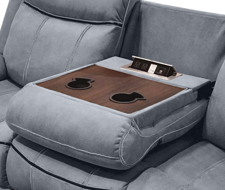 Zubaida - Two Tone Velvet Recliner Sofa With USB Port Drop Down Table - Gray