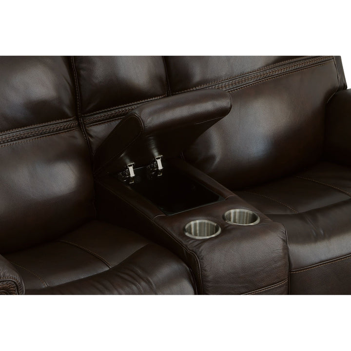 Fenwick Leather Power Reclining Loveseat with Console &amp; Power Headrests in Dark Chocolate
