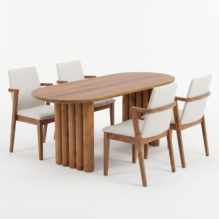 65" Oval Dining Set – Beige &amp; Walnut (5-Piece)
