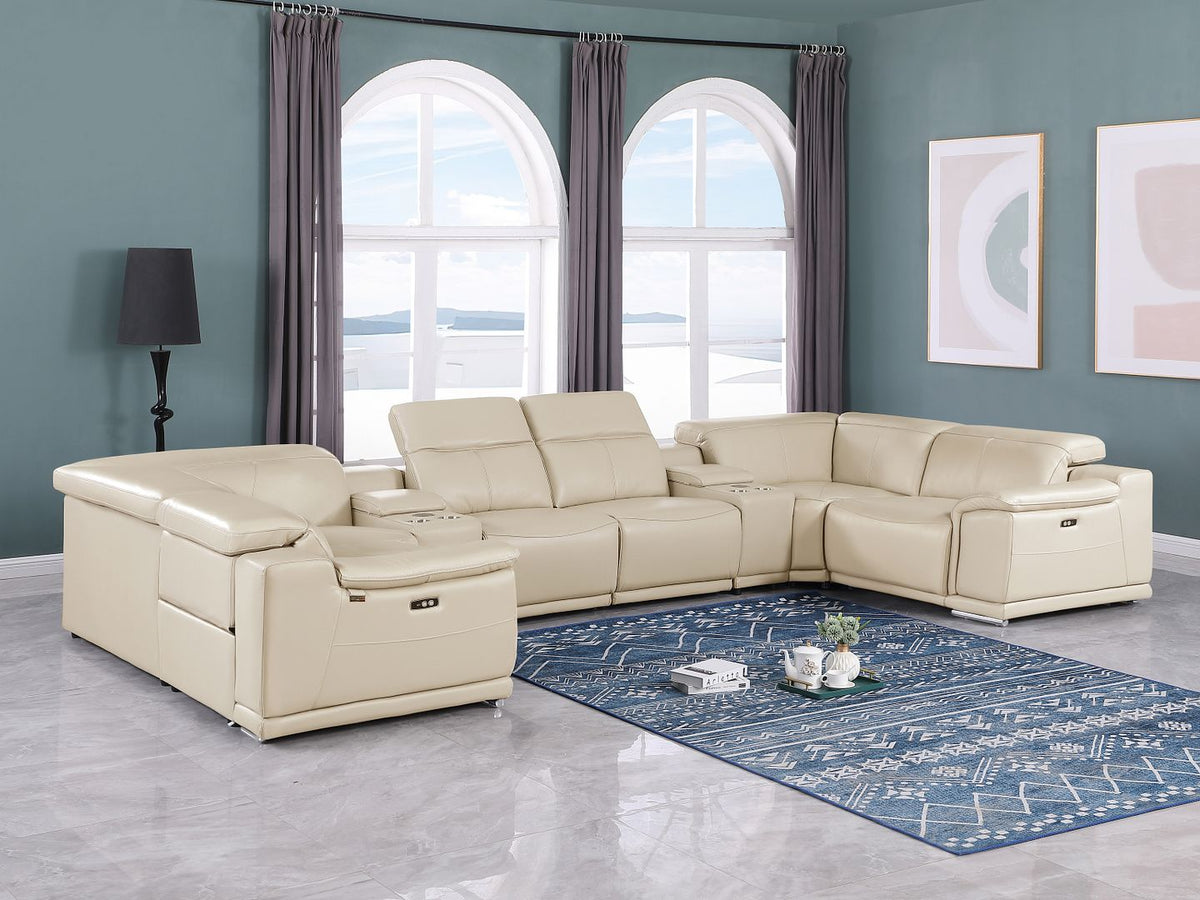 DivanItalia 9762 8-Piece U Shaped Top Grain Italian Leather Sectional Sofa with 4 Power Recliners – with Console - Beige