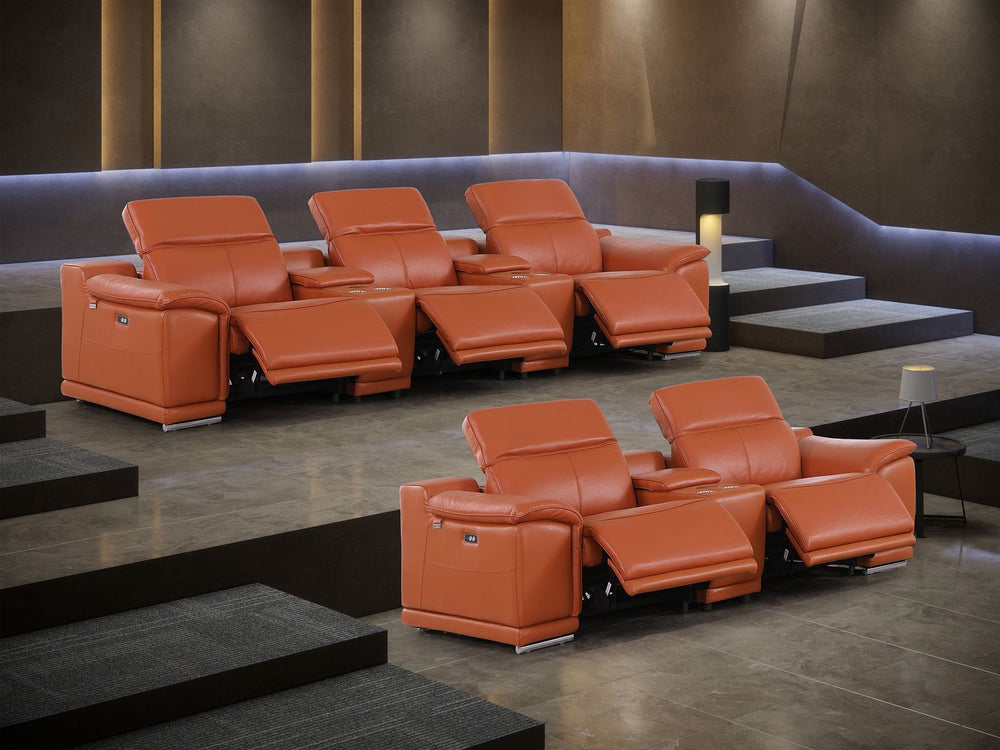DivanItalia 9762 8-Piece Modular Power Reclining Sofa and Console Loveseat Set with Top Grain Italian Leather - Camel