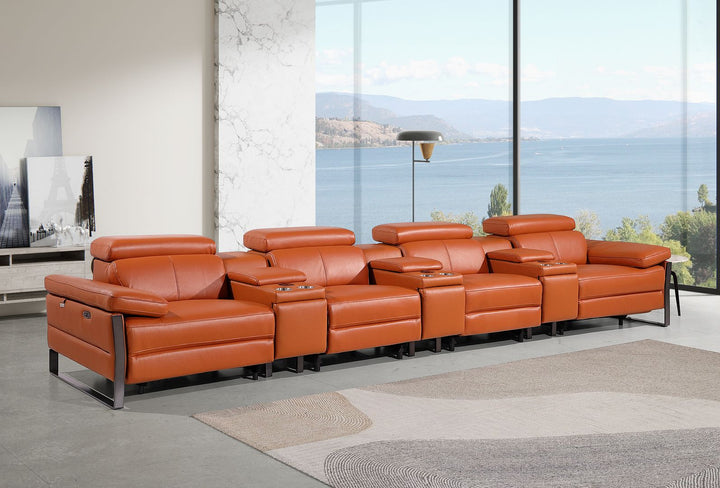 DivanItalia 1246 Modular Power Triple Reclining Triple Console Sofa with Power Reclining Headrests – Top Grain Italian Leather - Camel