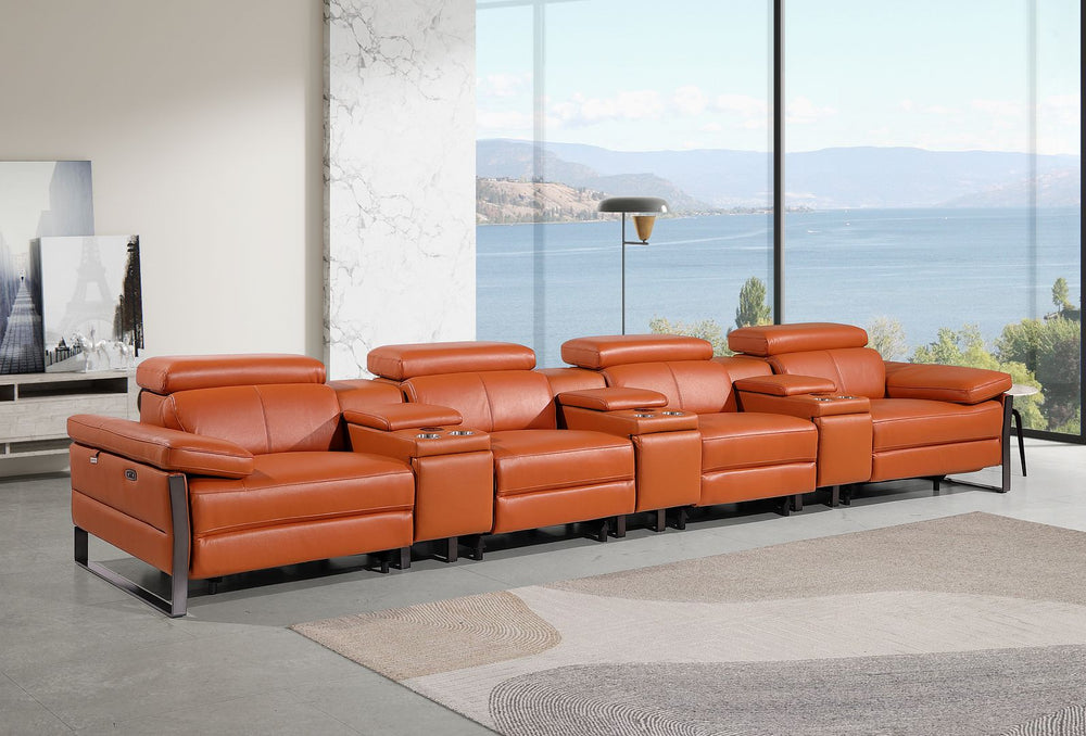 DivanItalia 1246 Modular Power Triple Reclining Triple Console Sofa with Power Reclining Headrests – Top Grain Italian Leather - Camel