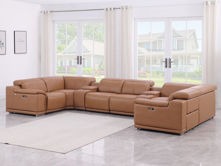 DivanItalia 9762 8-Piece U Shaped Top Grain Italian Leather Sectional Sofa with 2 Power Recliners - Cognac