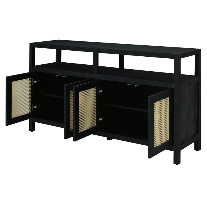 bohemian-style-rattan-sideboard-or-buffet-storage-cabinet-with-solid-wood-frame-black