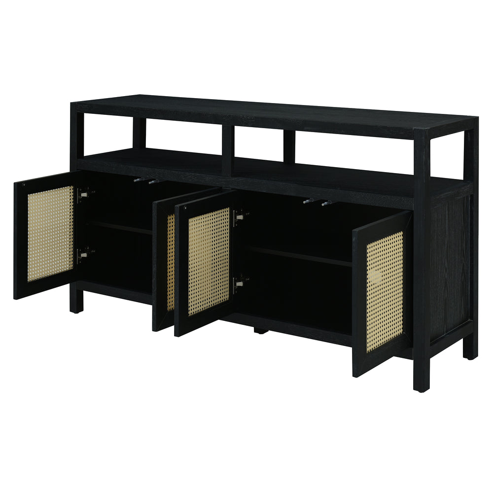 bohemian-style-rattan-sideboard-or-buffet-storage-cabinet-with-solid-wood-frame-black