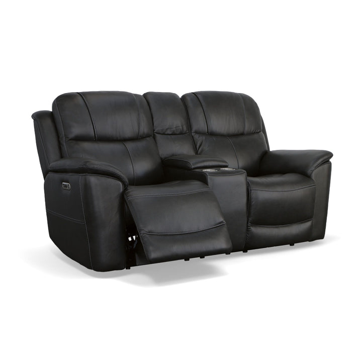 Crew Leather Power Reclining Loveseat with Console, Power Headrests &amp; Lumbar in Raven