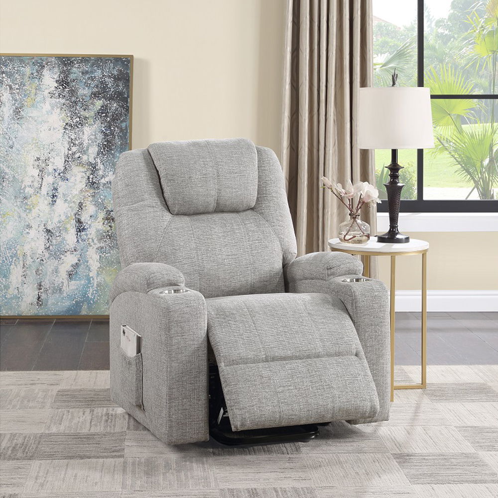 Evander - Recliner With Power Lift & Massage - Light Gray Chenille