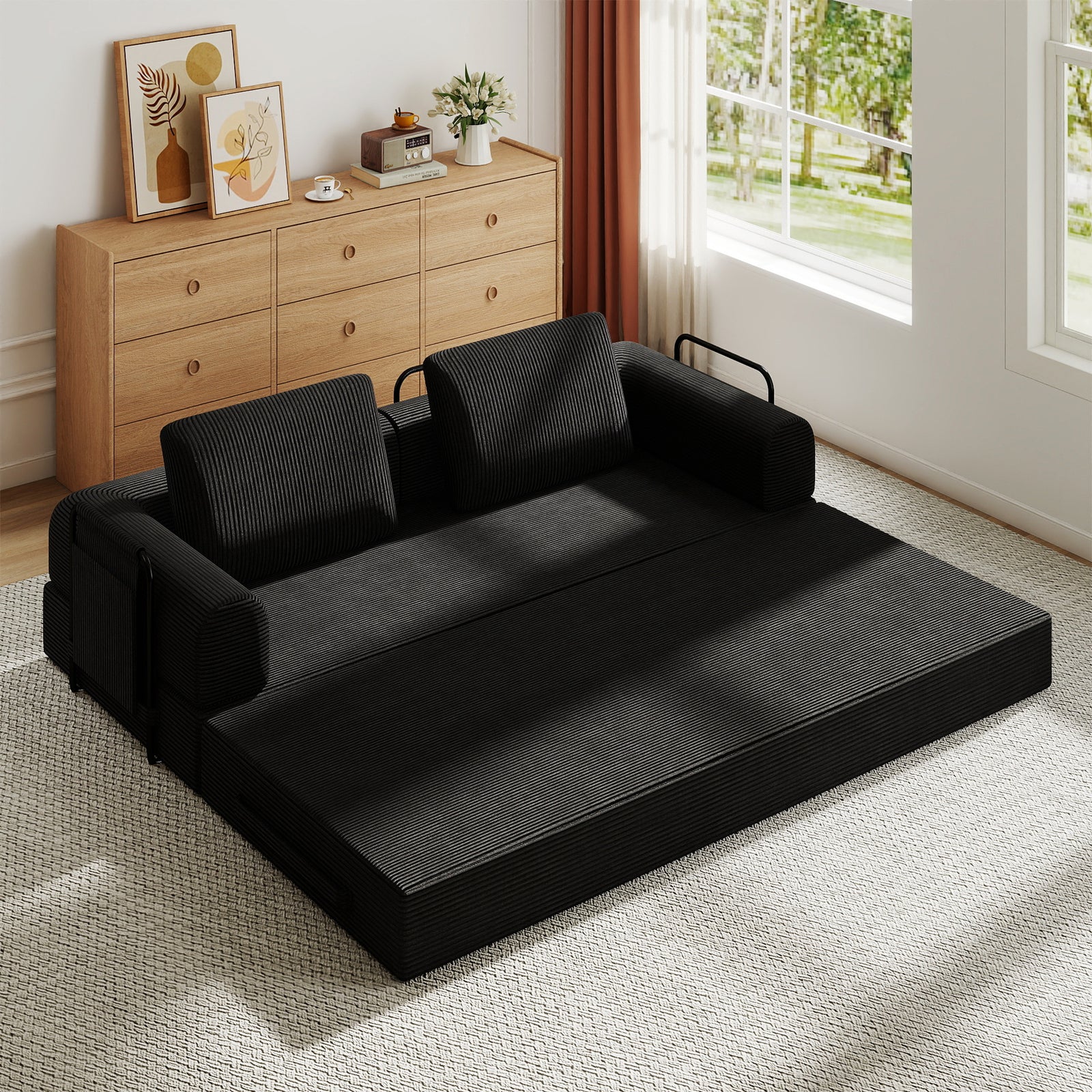 corduroy-convertible-sleeper-sofa-bed-with-pillow-black