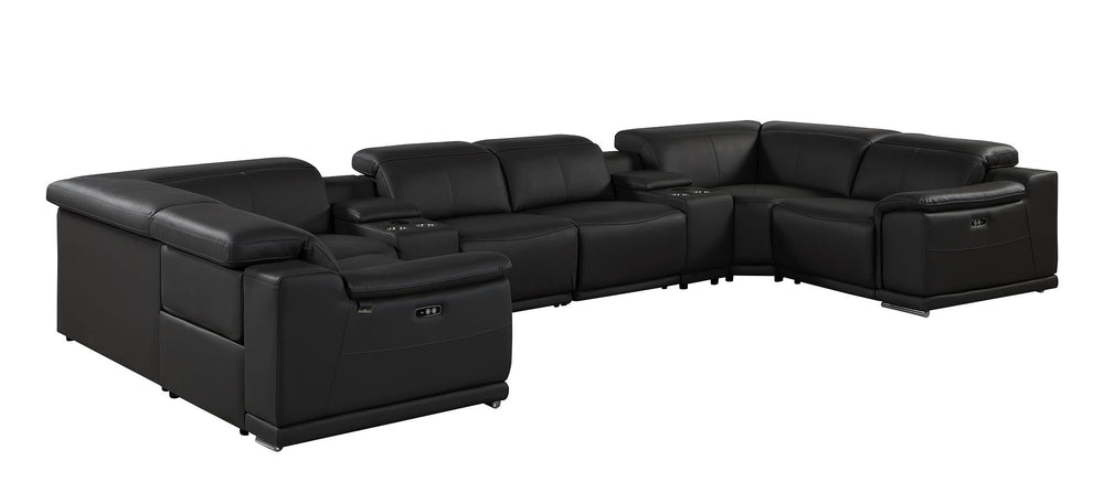 DivanItalia 9762 8-Piece U Shaped Top Grain Italian Leather Sectional Sofa with 2 Power Recliners - Black