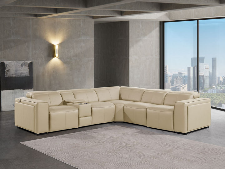 DivanItalia 1224 6-Piece L-Shaped Sectional Sofa in Top Grain Italian Leather with 3 Power Recliners &amp; Power Headrests - Beige