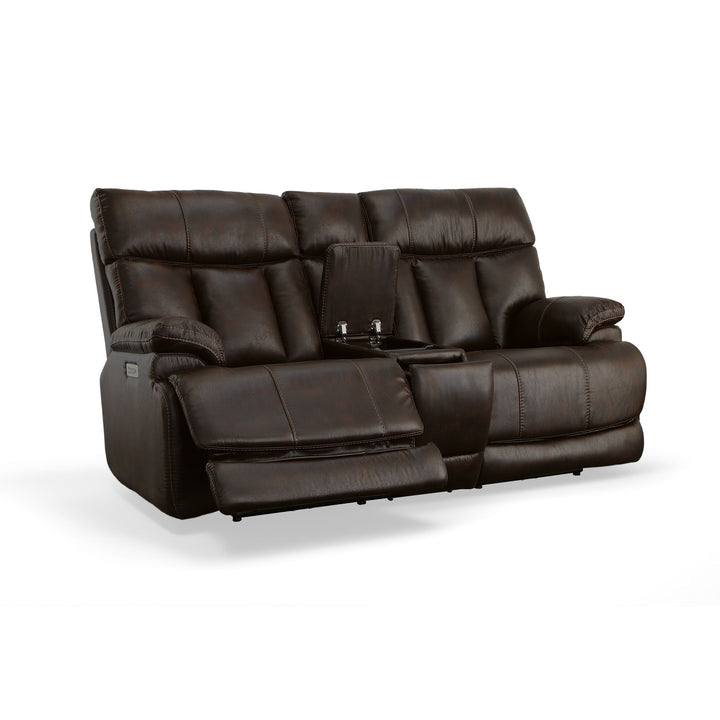 Clive Fabric Power Reclining Loveseat with Console, Power Headrests &amp; Lumbar in Clove