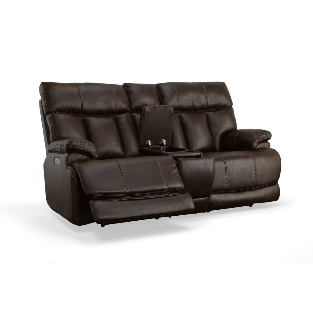 Clive Fabric Power Reclining Loveseat with Console, Power Headrests & Lumbar in Clove