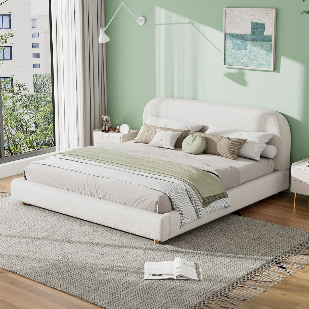 Curved Headboard Boucle King Bed – White