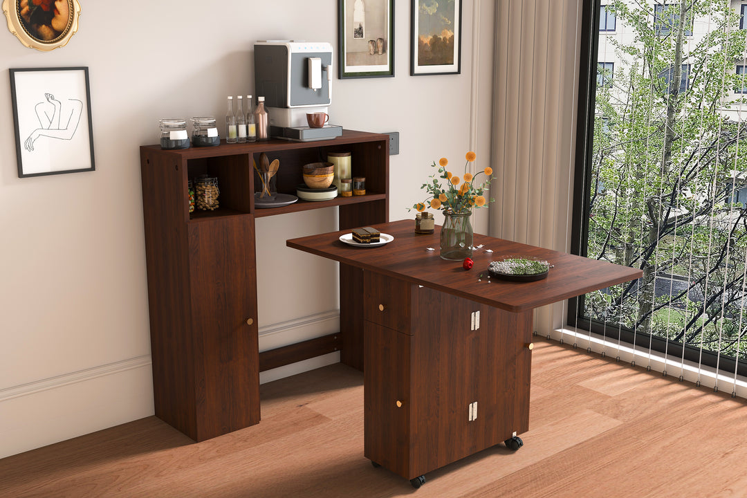 Folding Dining Table with Wall-Mounted Sideboard & Storage in Walnut
