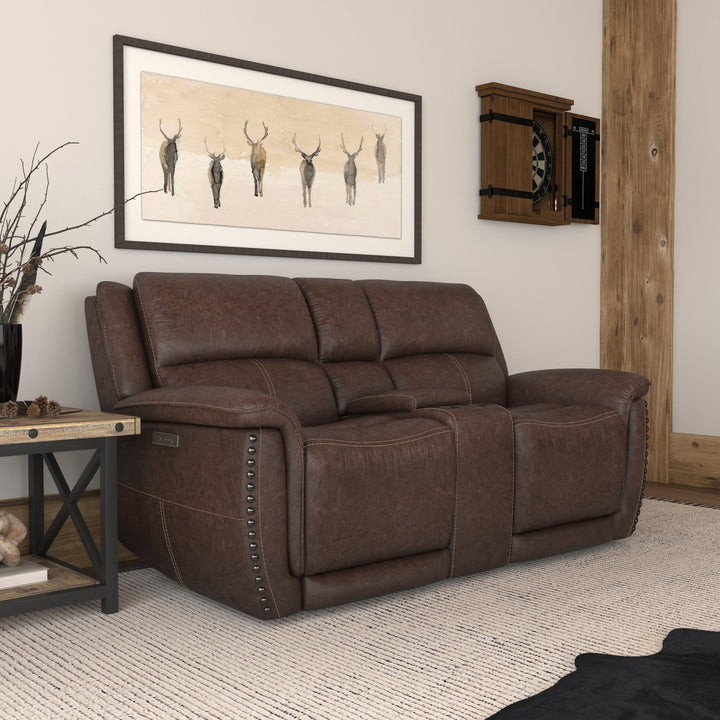 Beau Fabric Power Reclining Loveseat with Console &amp; Power Headrests in Sable